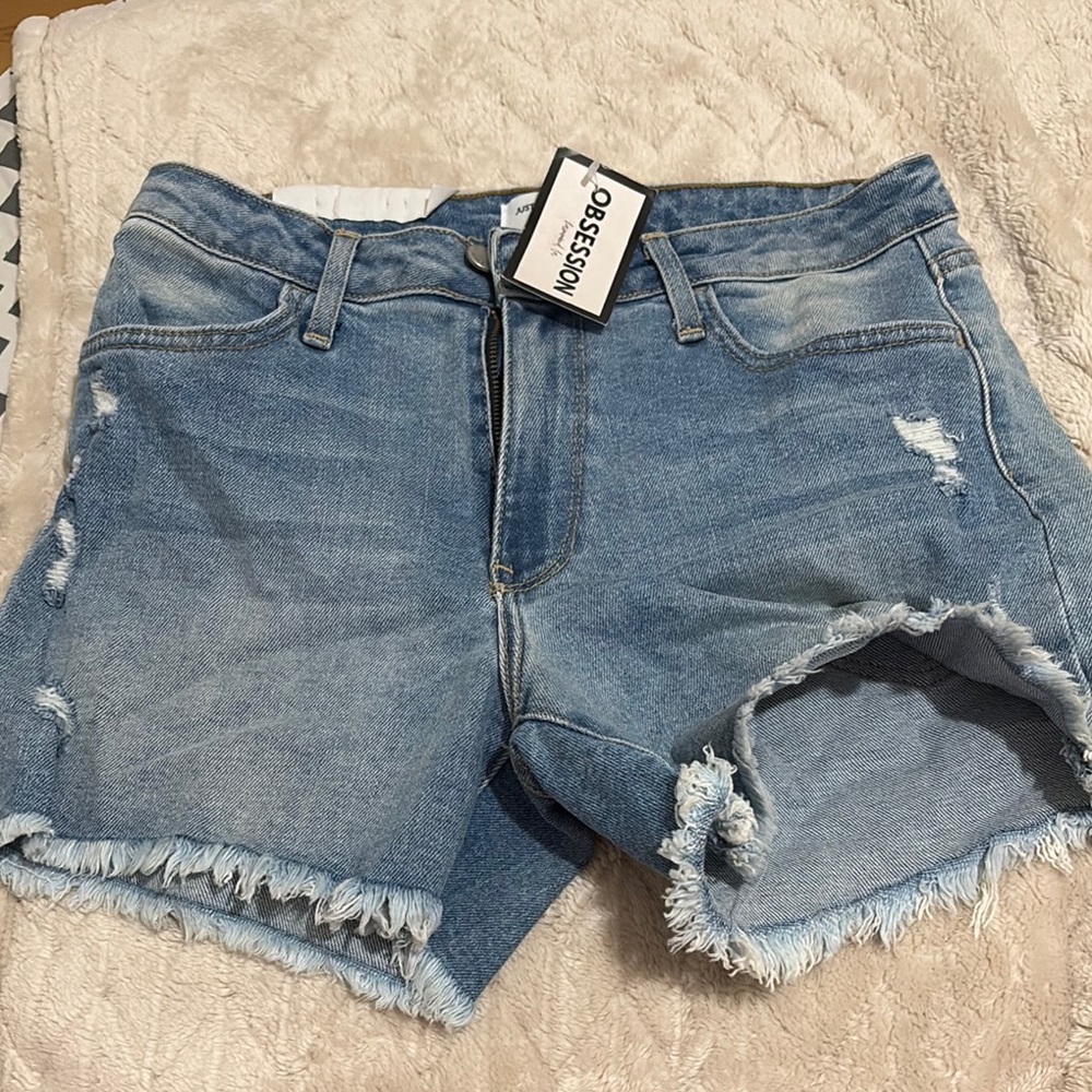 Just Black Blue Jean Shorts Distressed Raw-Edge